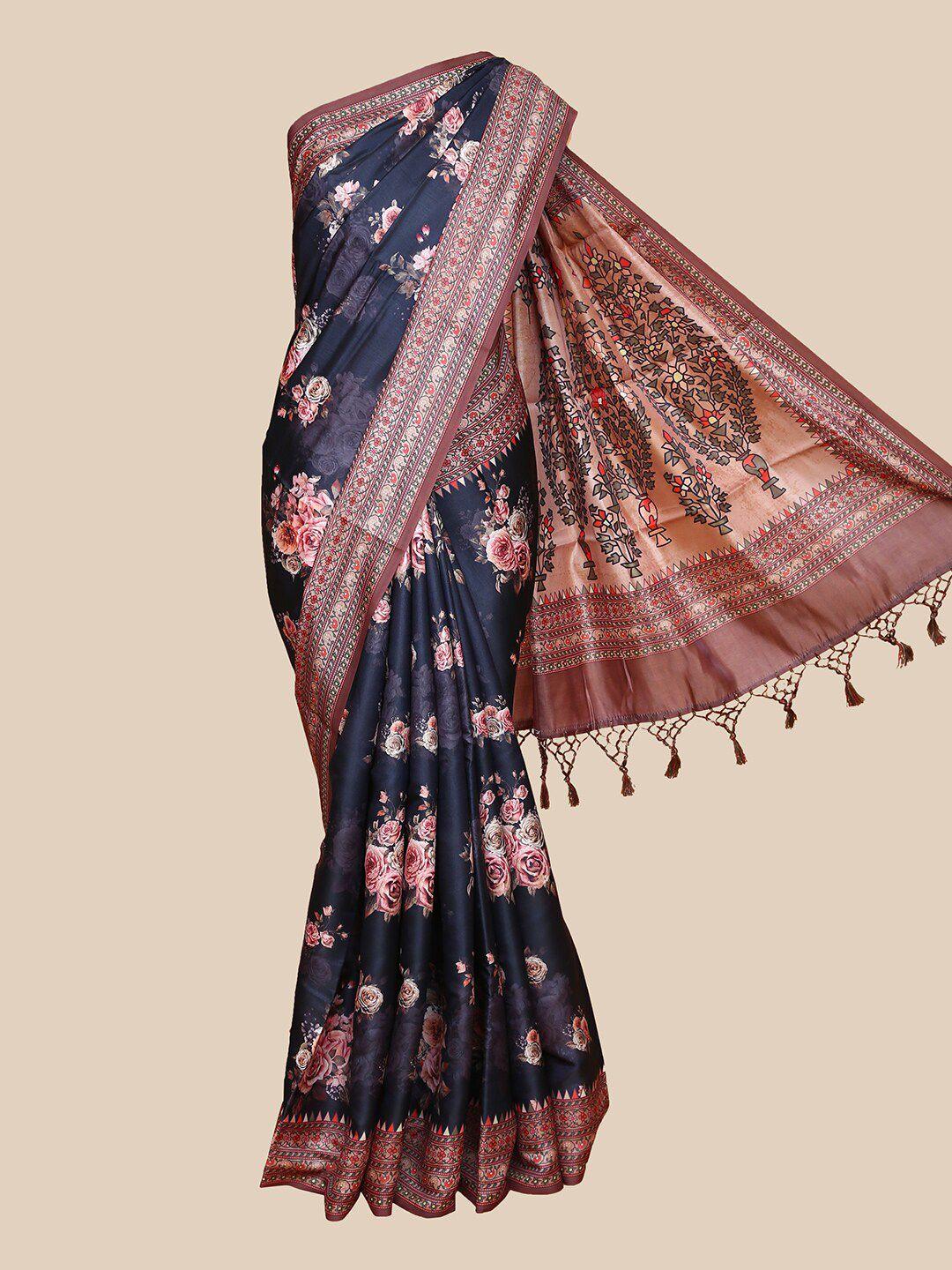 the chennai silks black & brown floral printed saree