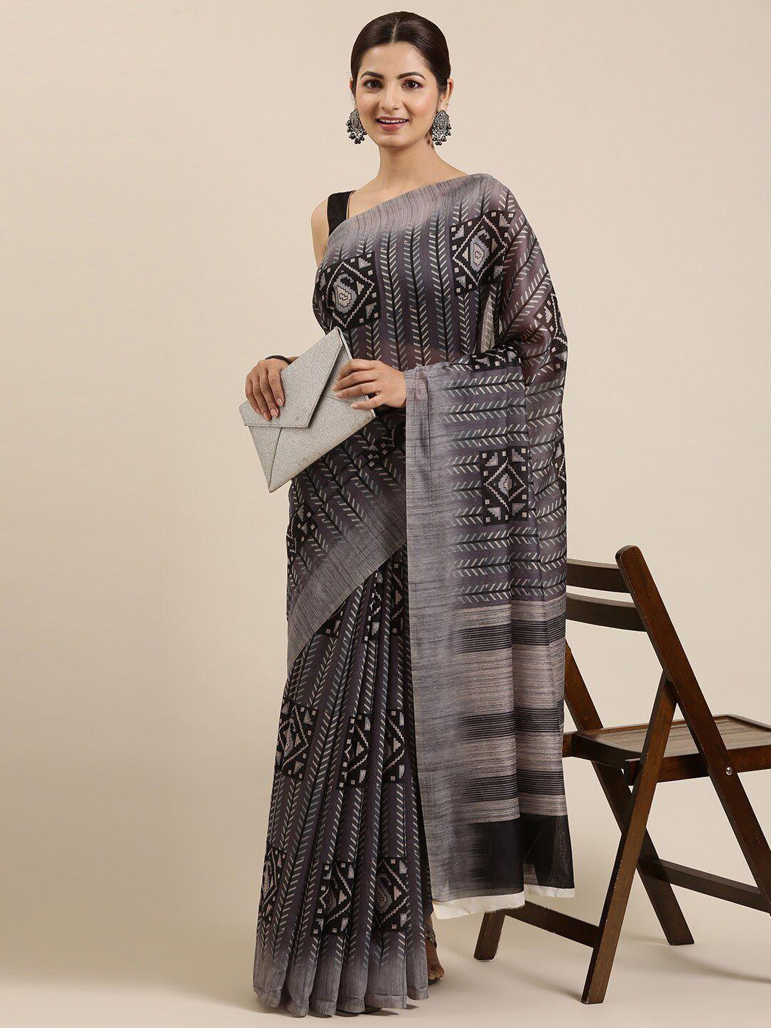 the chennai silks black & grey printed chanderi saree