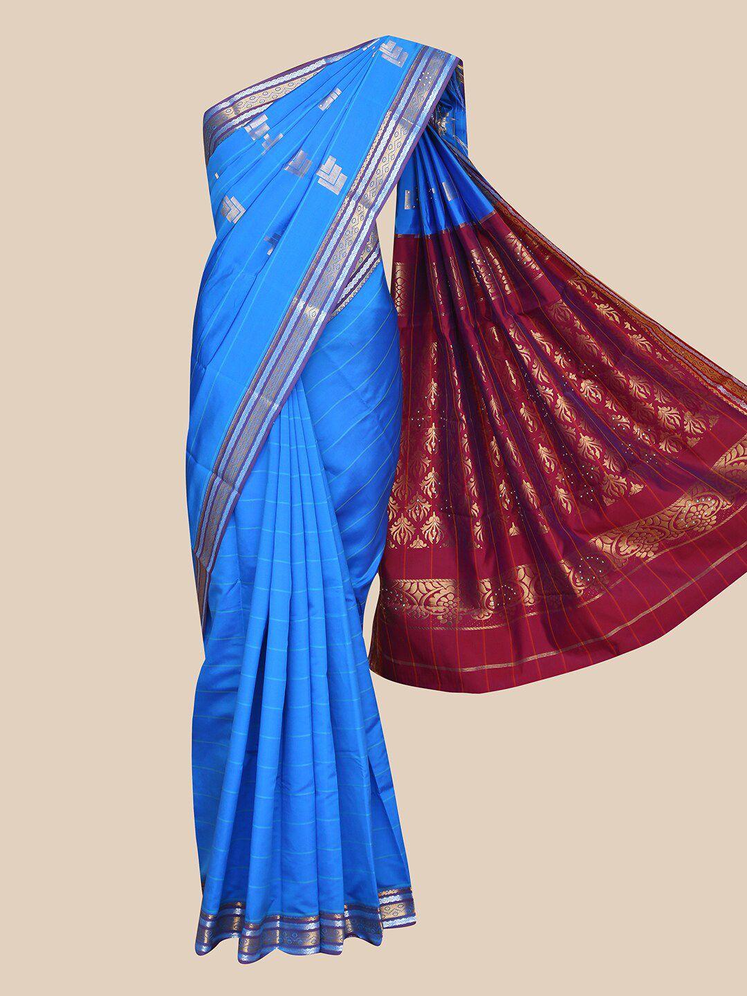 the chennai silks blue & maroon striped beads and stones art silk fusion saree