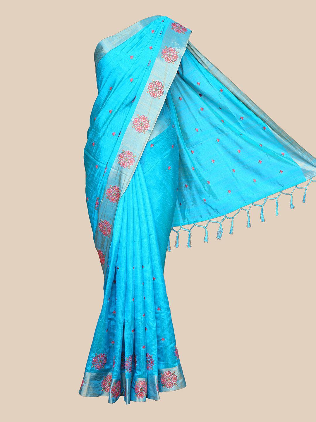 the chennai silks blue & pink ethnic motifs embroidered saree