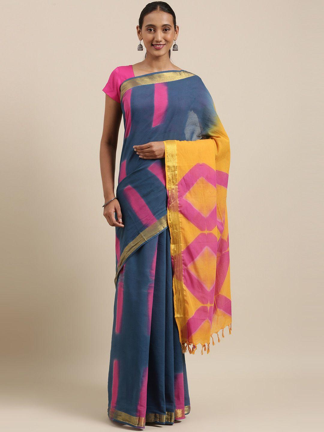 the chennai silks blue & yellow batik pure cotton saree