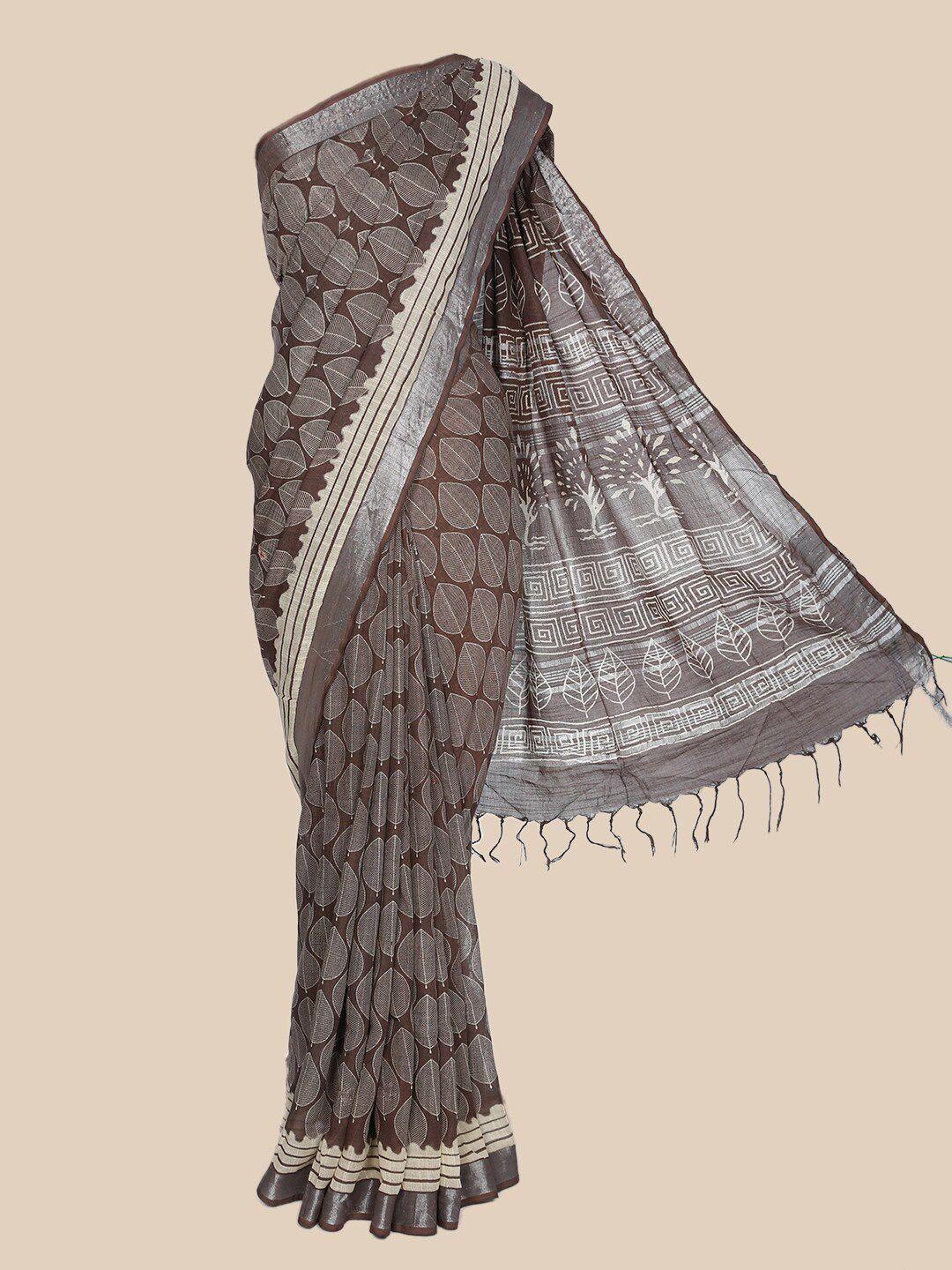 the chennai silks brown & silver-toned ethnic motifs linen blend saree