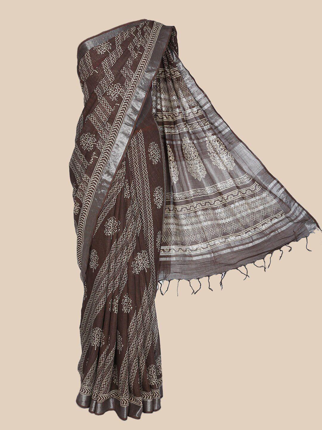 the chennai silks brown & white ethnic motifs linen blend saree