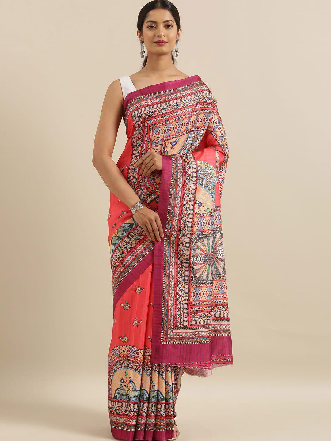 the chennai silks coral & black ethnic motifs saree
