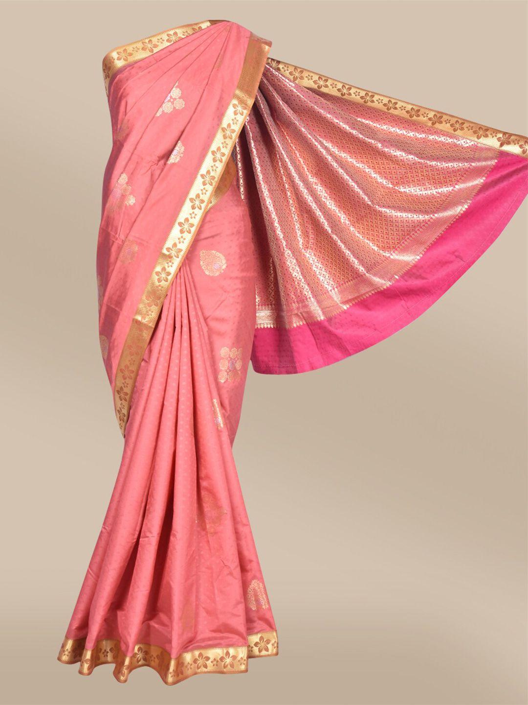 the chennai silks coral & gold-toned ethnic motifs zari art silk saree