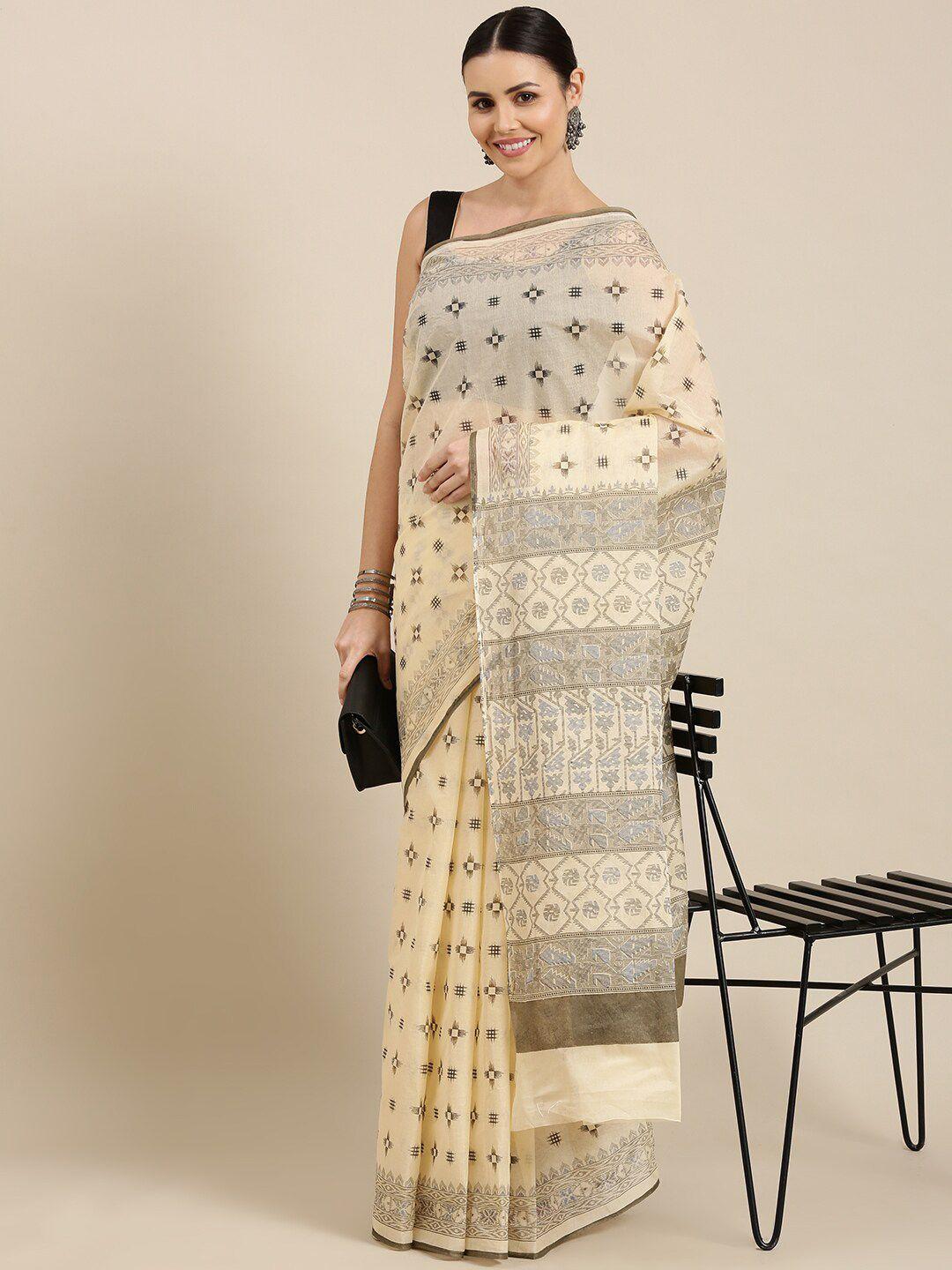 the chennai silks cream-coloured & grey pure cotton saree