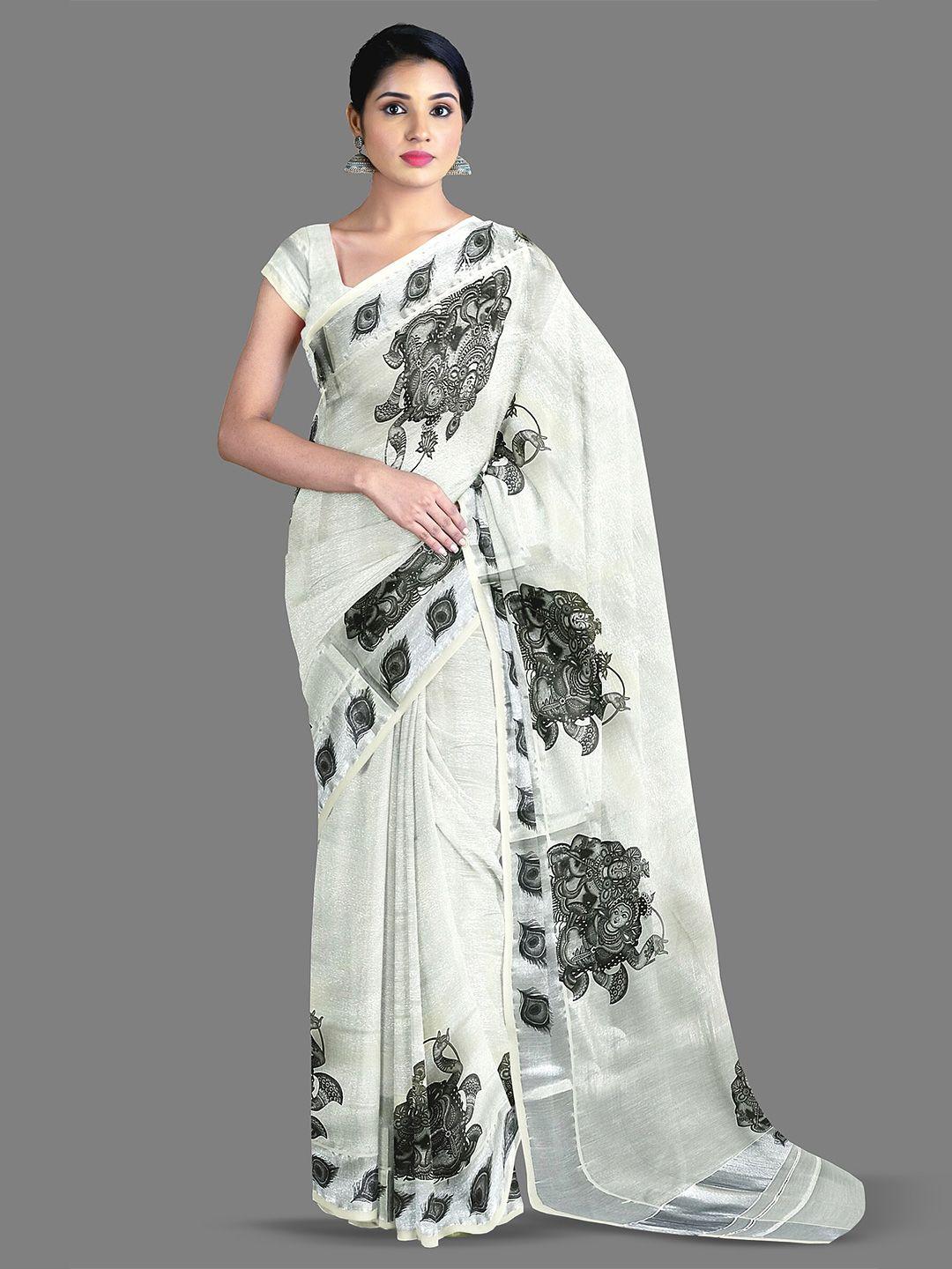 the chennai silks ethnic motifs printed pure cotton kasavu saree