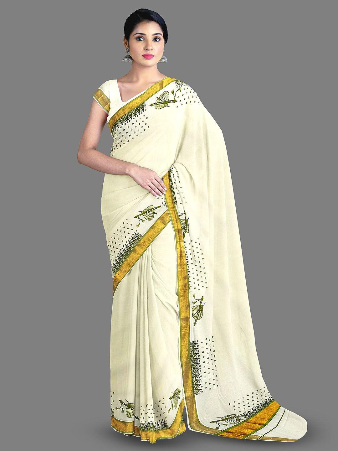 the chennai silks ethnic motifs printed zari pure cotton kasavu saree