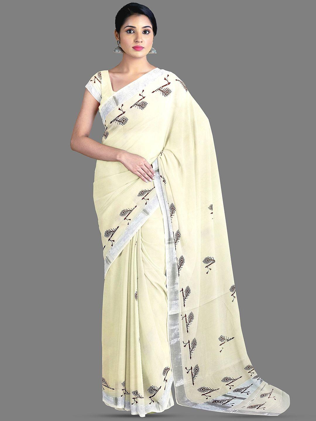 the chennai silks ethnic motifs printed zari pure cotton kasavu saree