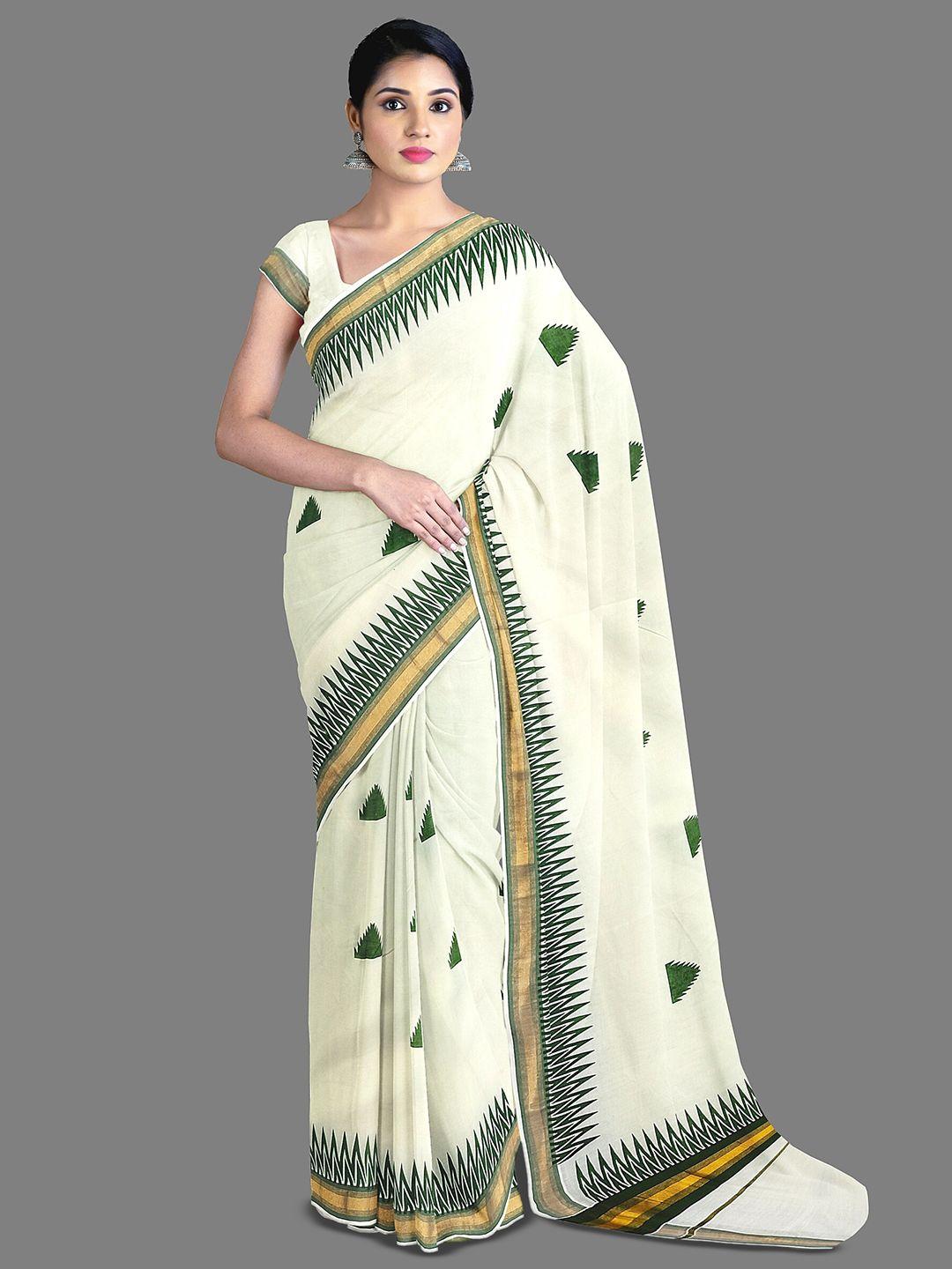 the chennai silks geometric printed zari pure cotton kasavu saree