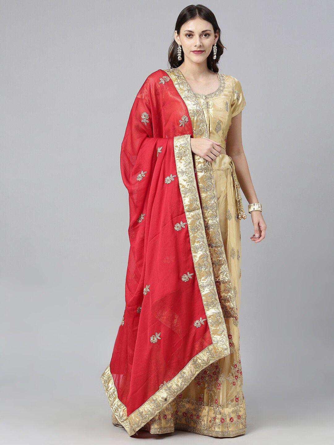 the chennai silks gold-toned & red embroidered ready to wear lehenga choli with dupatta