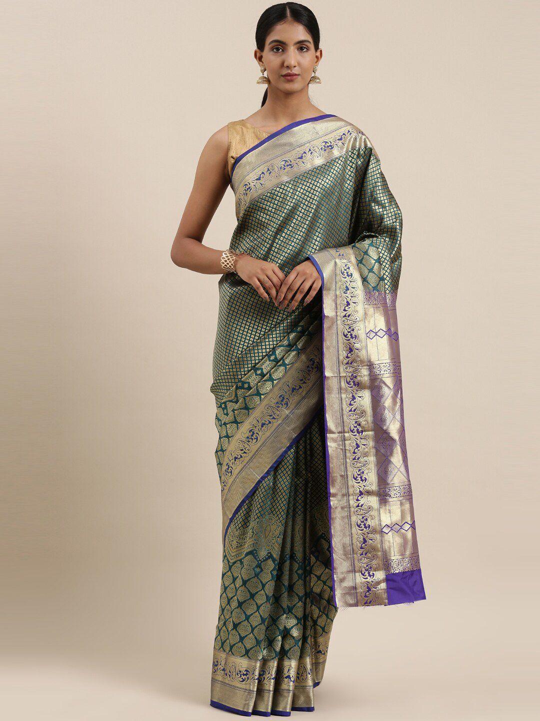 the chennai silks green & silver-toned ethnic motifs art silk saree