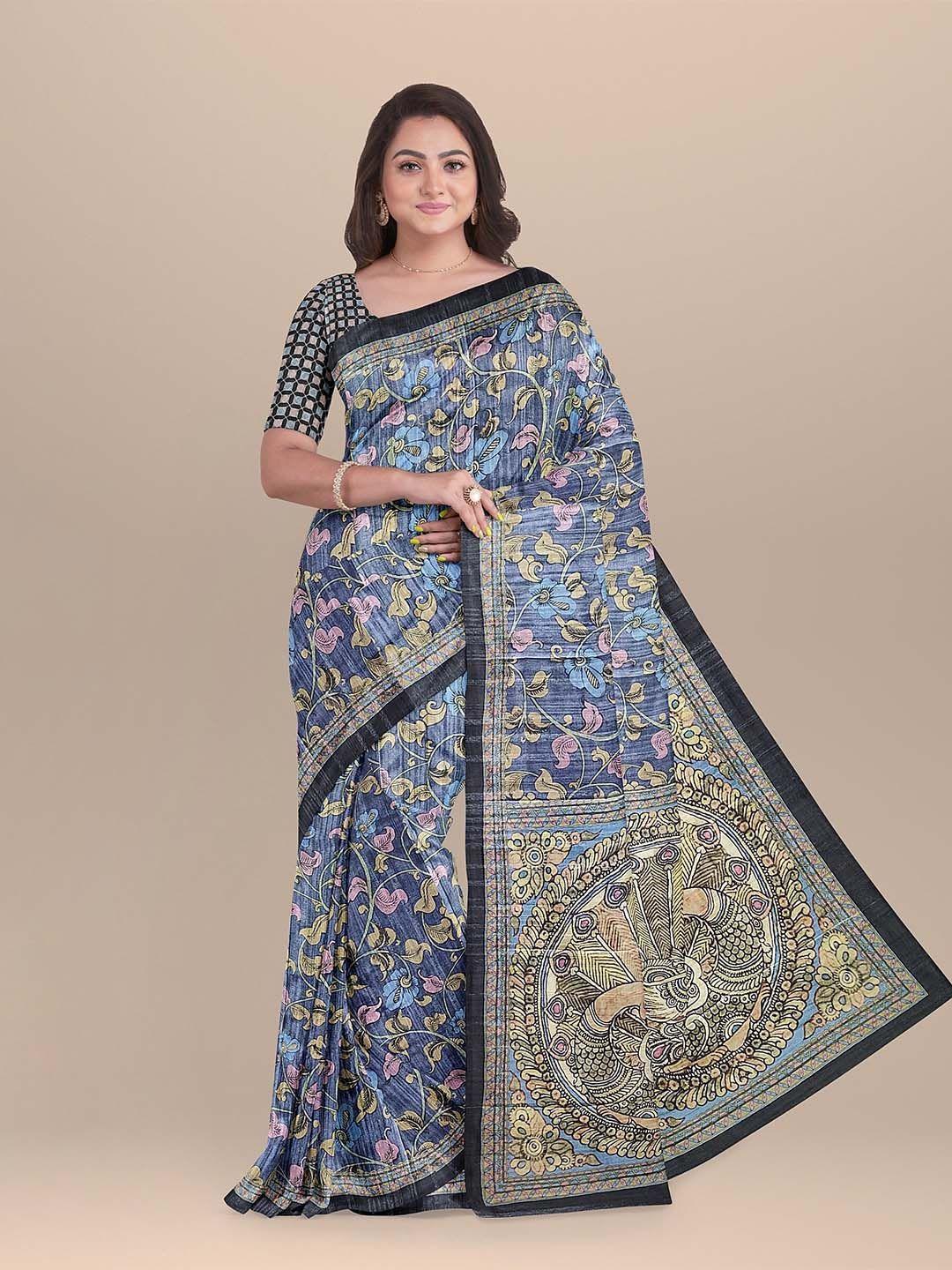 the chennai silks grey & black kalamkari pure cotton chanderi saree