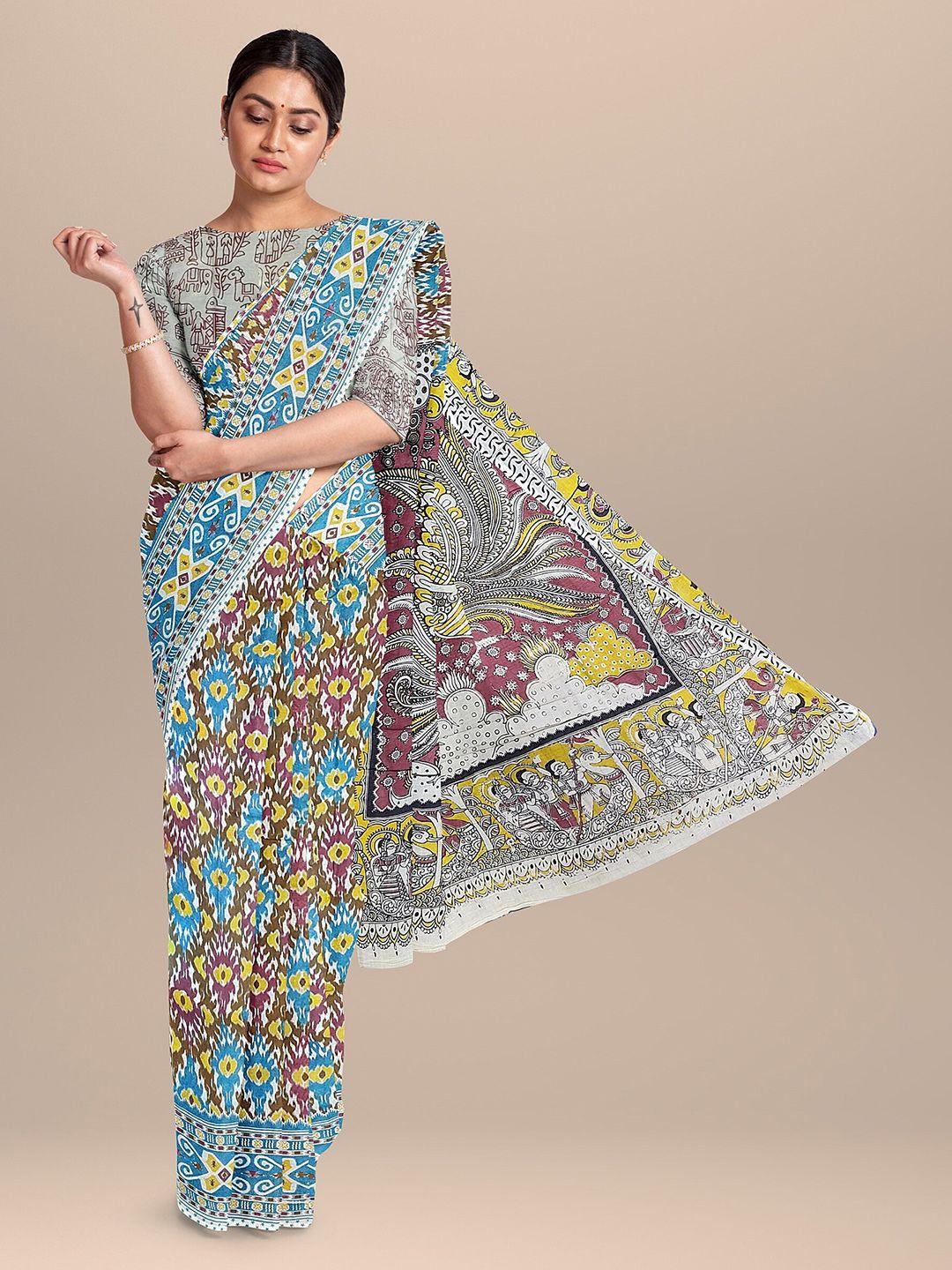 the chennai silks grey & blue kalamkari pure cotton saree