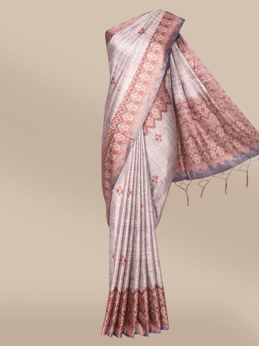 the chennai silks grey & brown floral satin saree