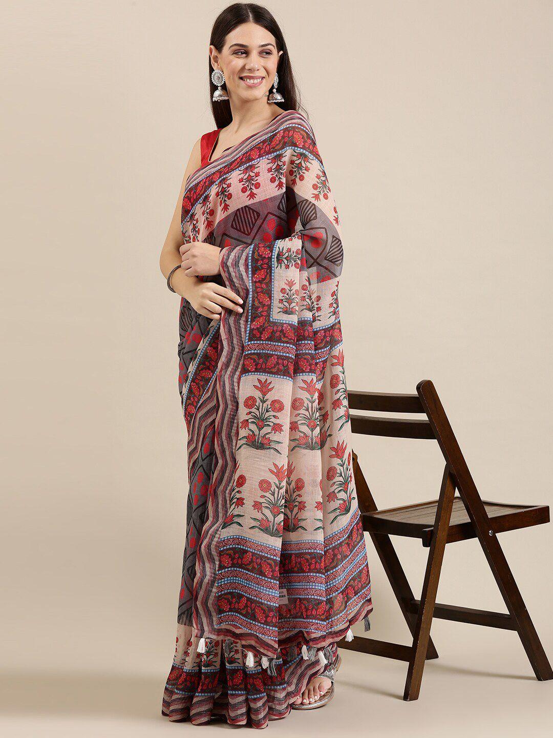 the chennai silks grey & red floral linen blend fusion saree