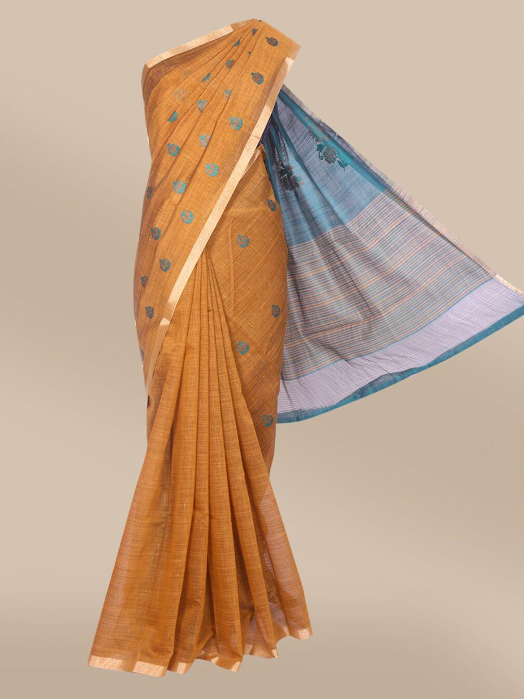 the chennai silks mustard & blue woven design mercerized cotton saree