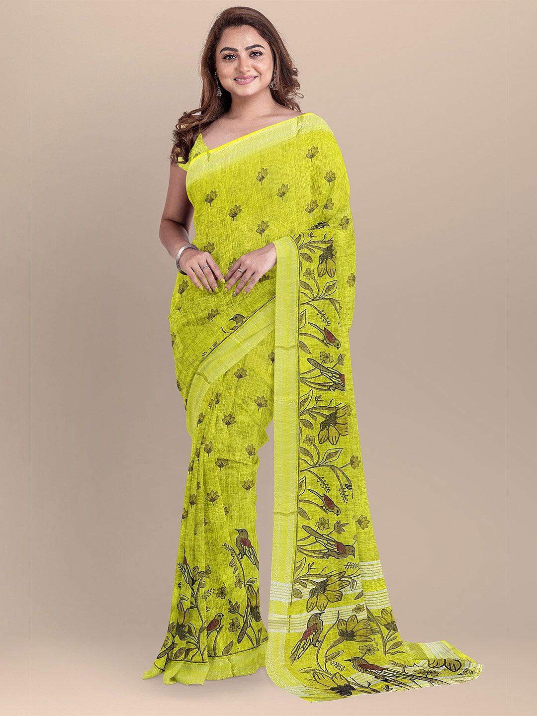 the chennai silks mustard & brown floral zari linen blend fusion saree