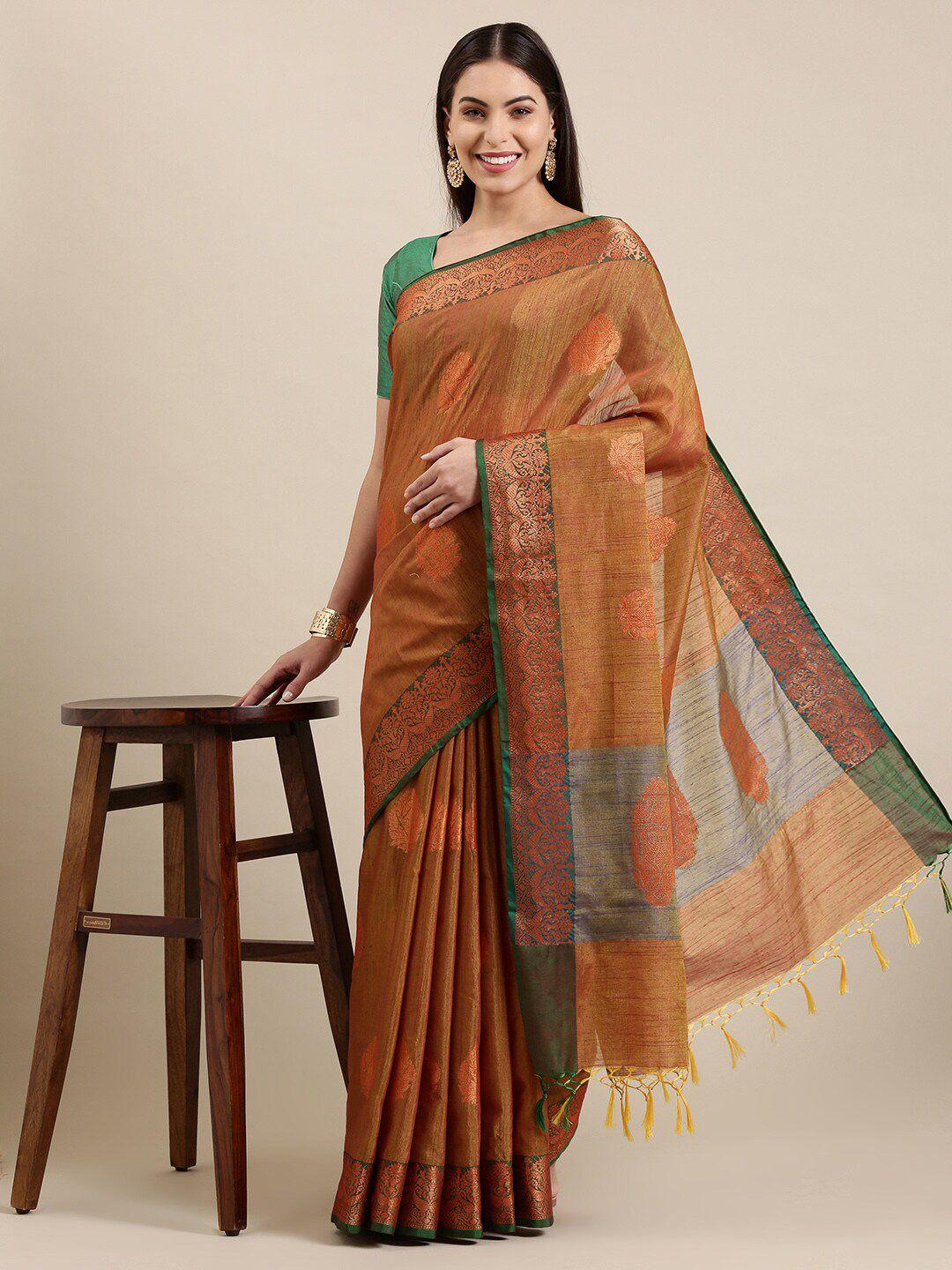 the chennai silks mustard & gold-toned floral zari pure cotton fusion chanderi saree