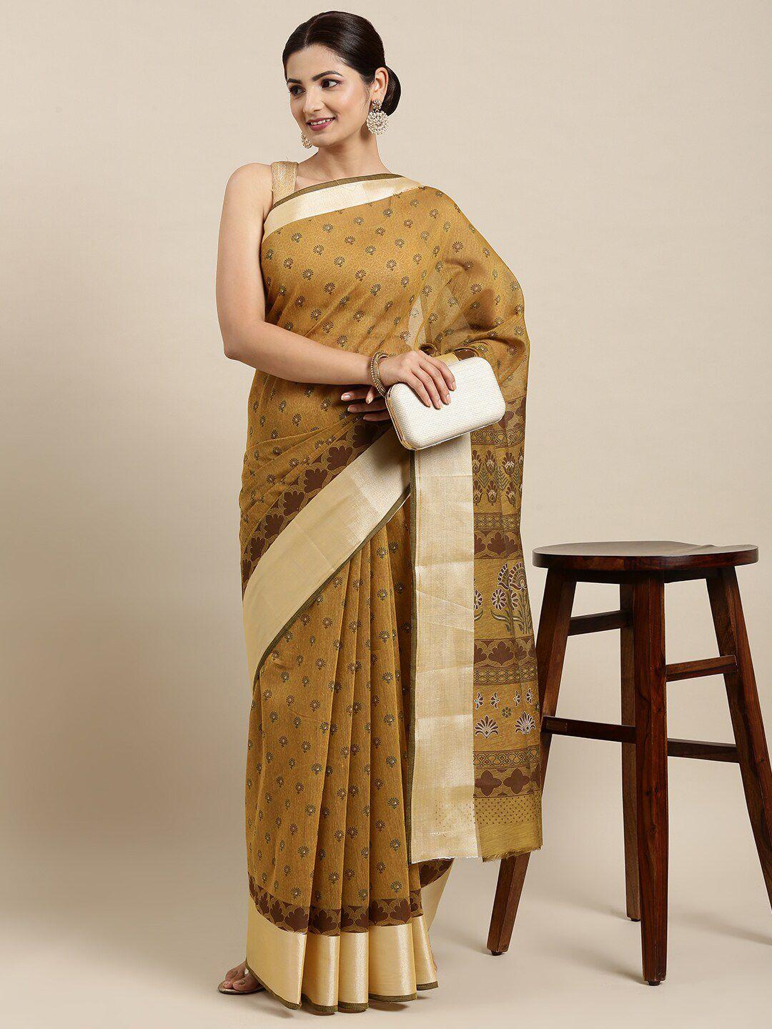 the chennai silks mustard floral zari pure cotton saree