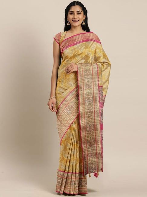 the chennai silks mustard printed saree with unstitched blouse