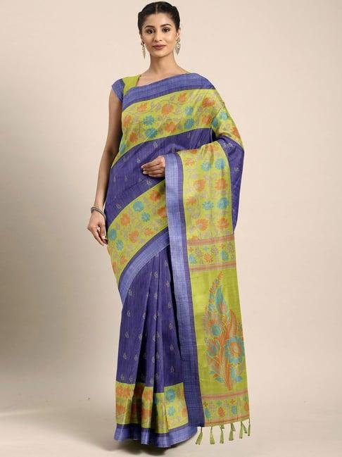 the chennai silks navy & green printed saree with unstitched blouse