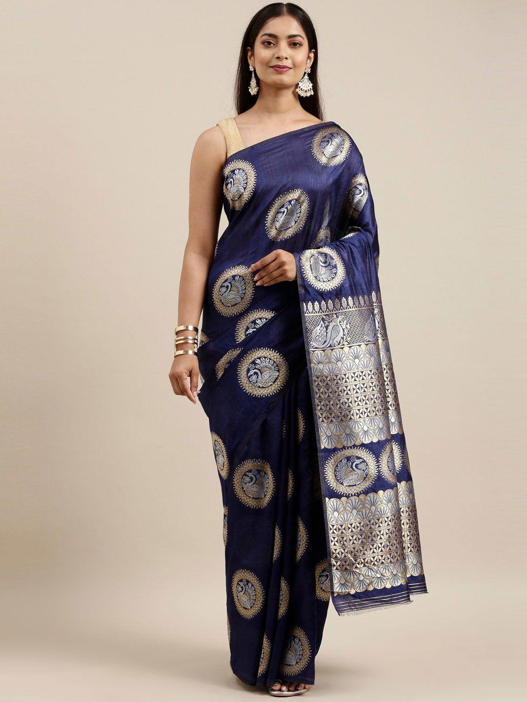 the chennai silks navy blue & gold-toned ethnic motifs saree