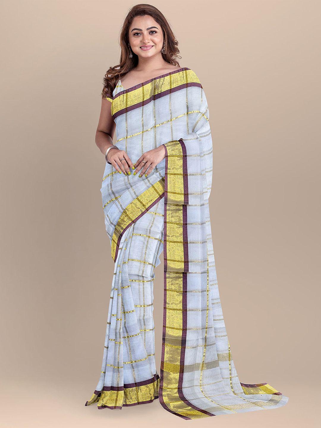 the chennai silks off white & gold-toned checked zari pure cotton fusion venkatgiri saree