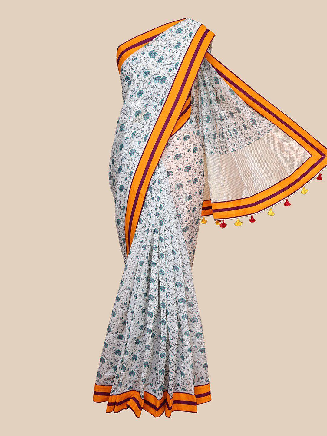 the chennai silks off white & yellow floral fusion chanderi saree