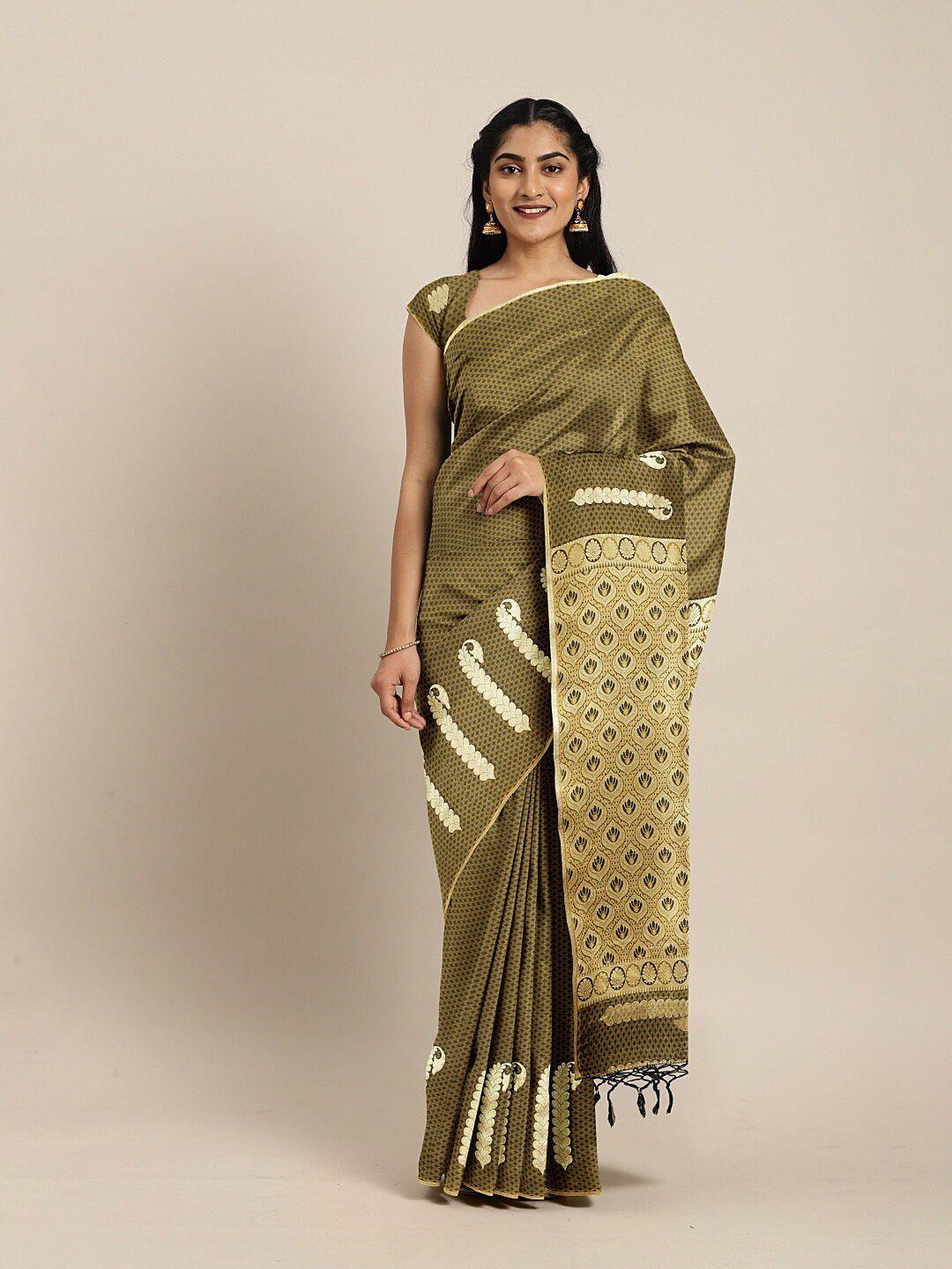 the chennai silks olive green & gold-toned floral zari art silk saree