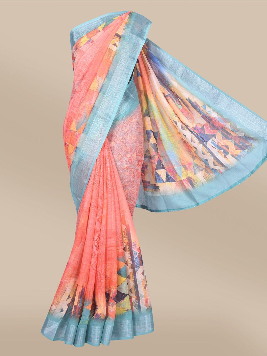 the chennai silks orange & blue zari linen blend fusion saree