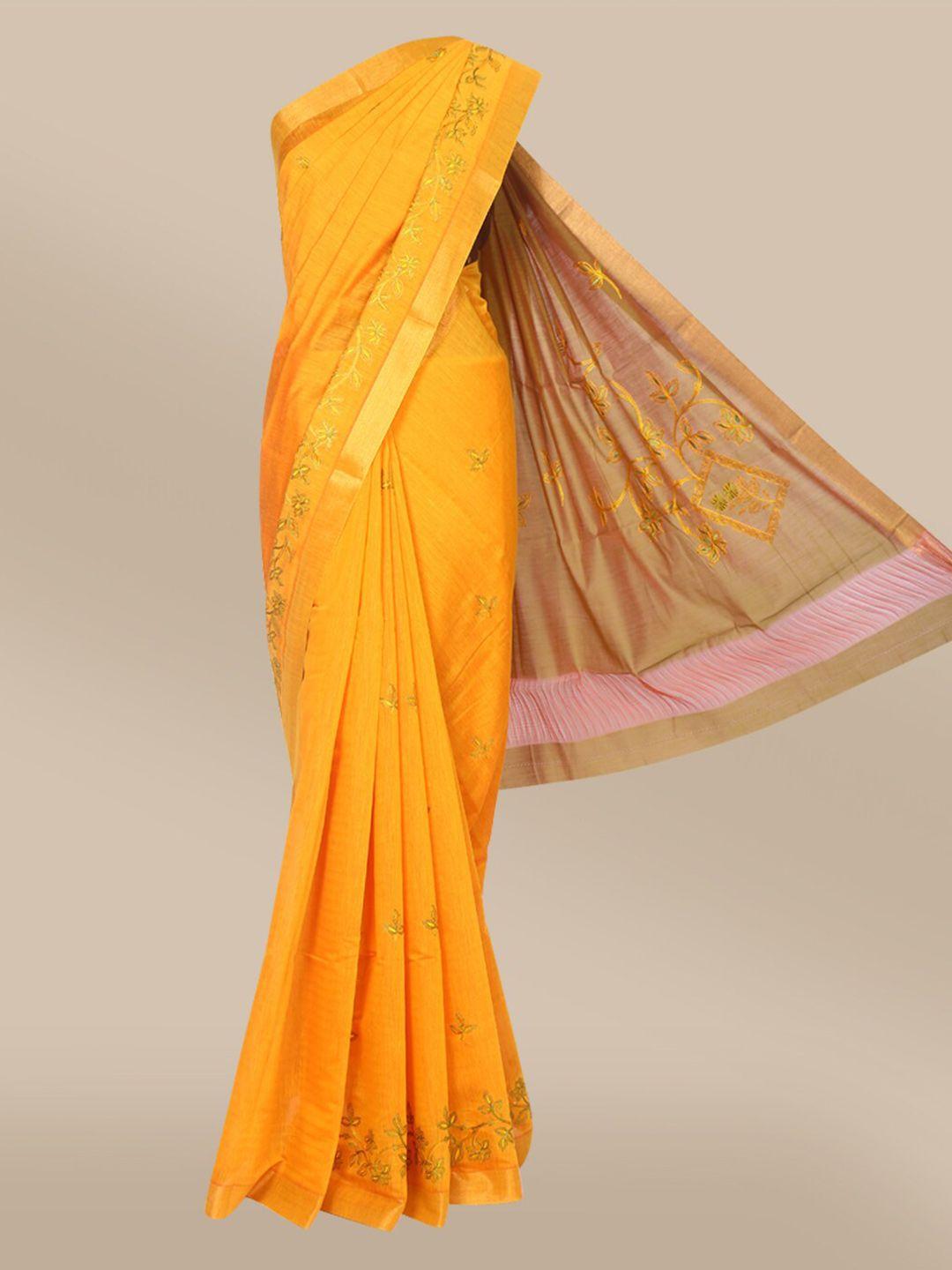 the chennai silks orange & green ethnic motifs embroidered mercerized cotton saree