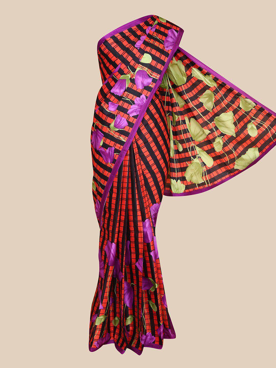 the chennai silks orange & purple floral pure cotton saree