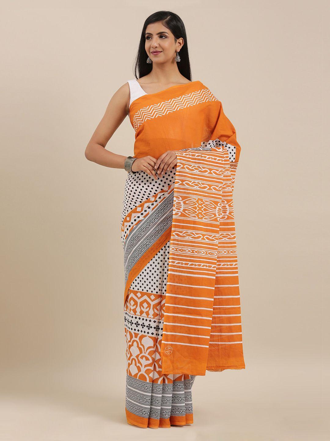 the chennai silks orange printed pure cotton saree