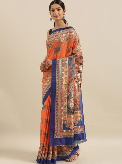 the chennai silks orange printed saree with unstitched blouse