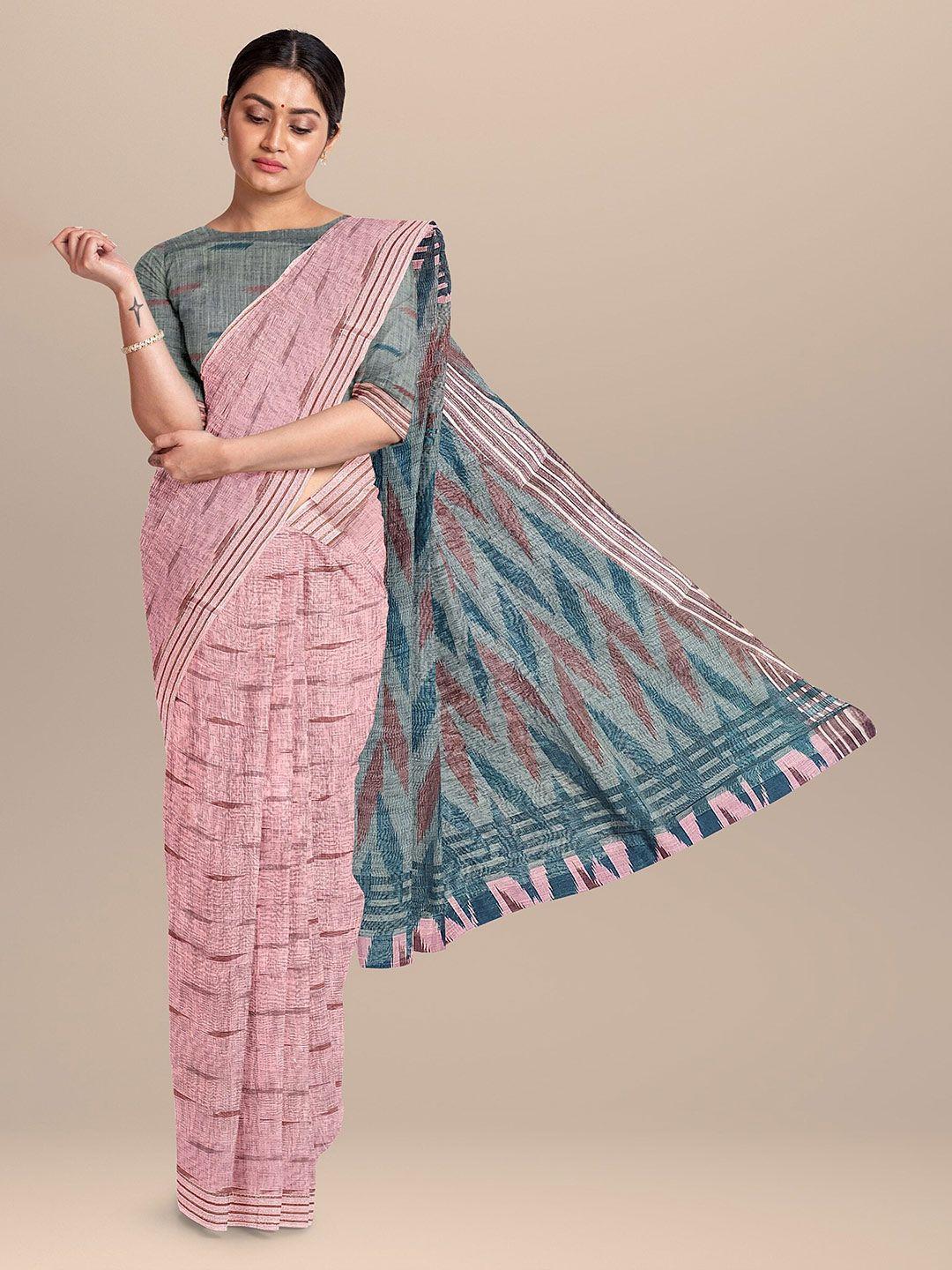 the chennai silks pink & blue zari linen blend fusion saree