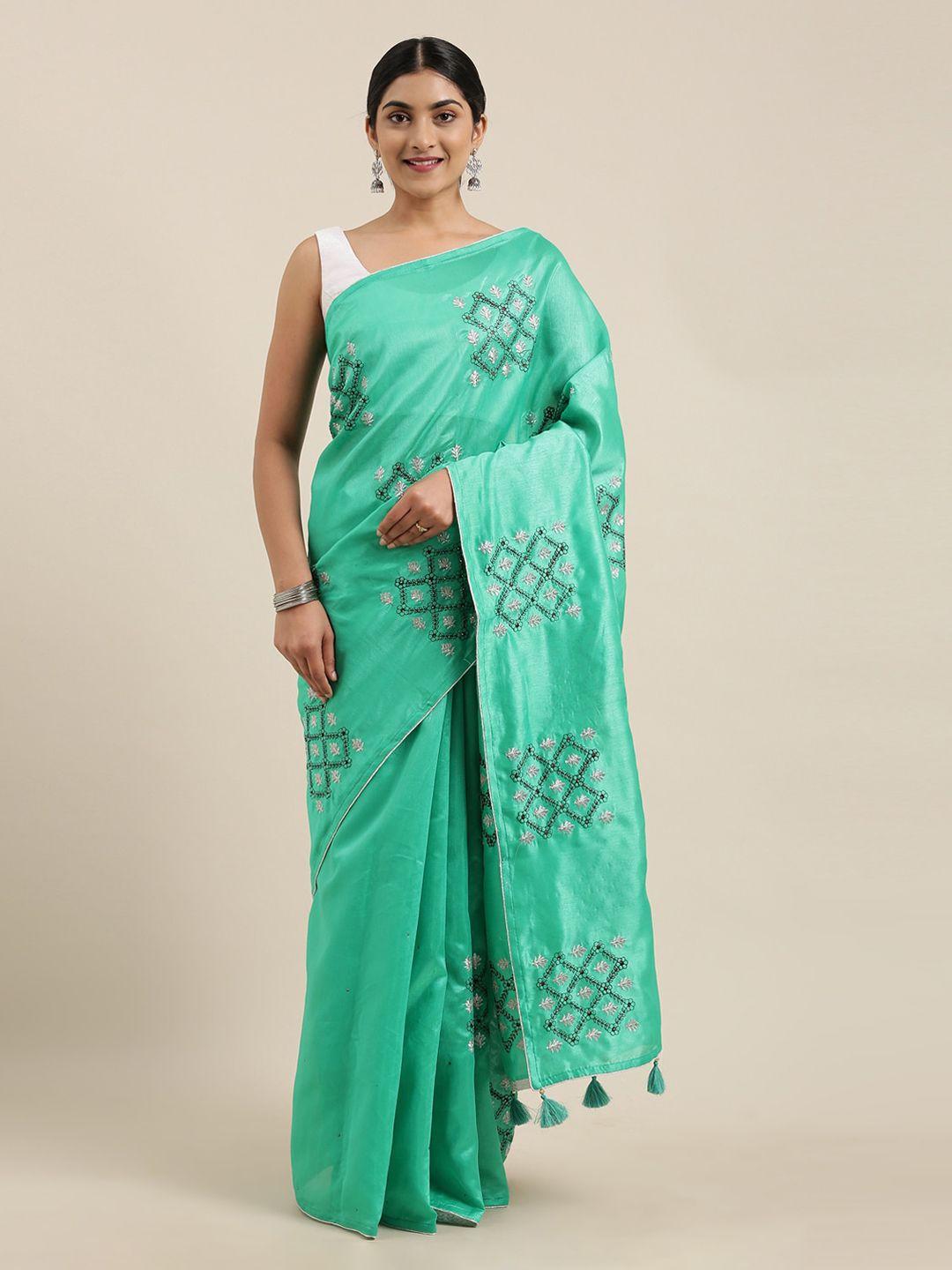 the chennai silks sea green embroidered viscose rayon saree