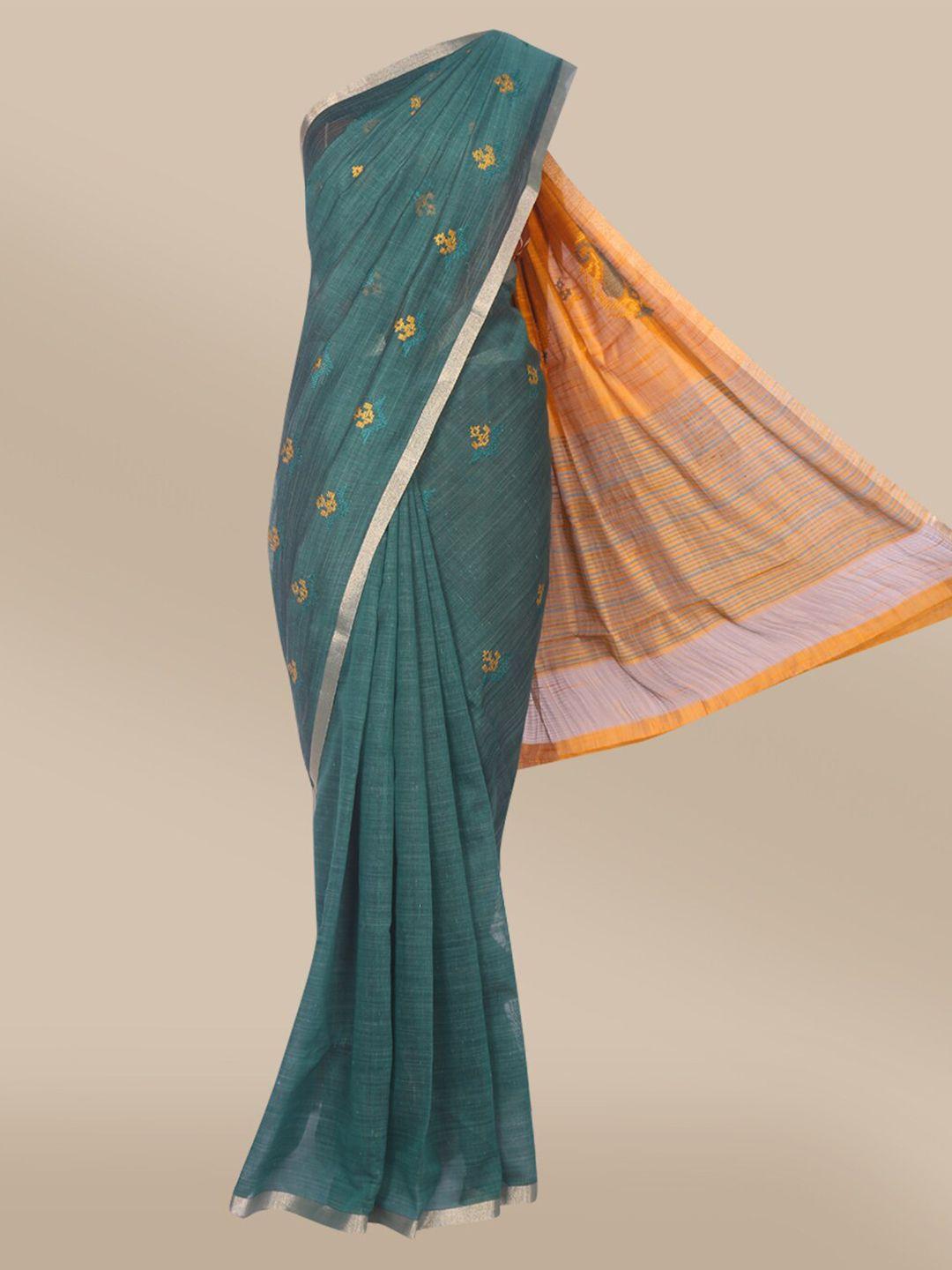 the chennai silks teal & yellow floral embroidered fusion saree