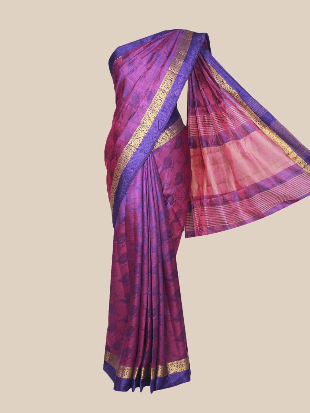 the chennai silks violet & gold-toned ethnic motifs printed saree