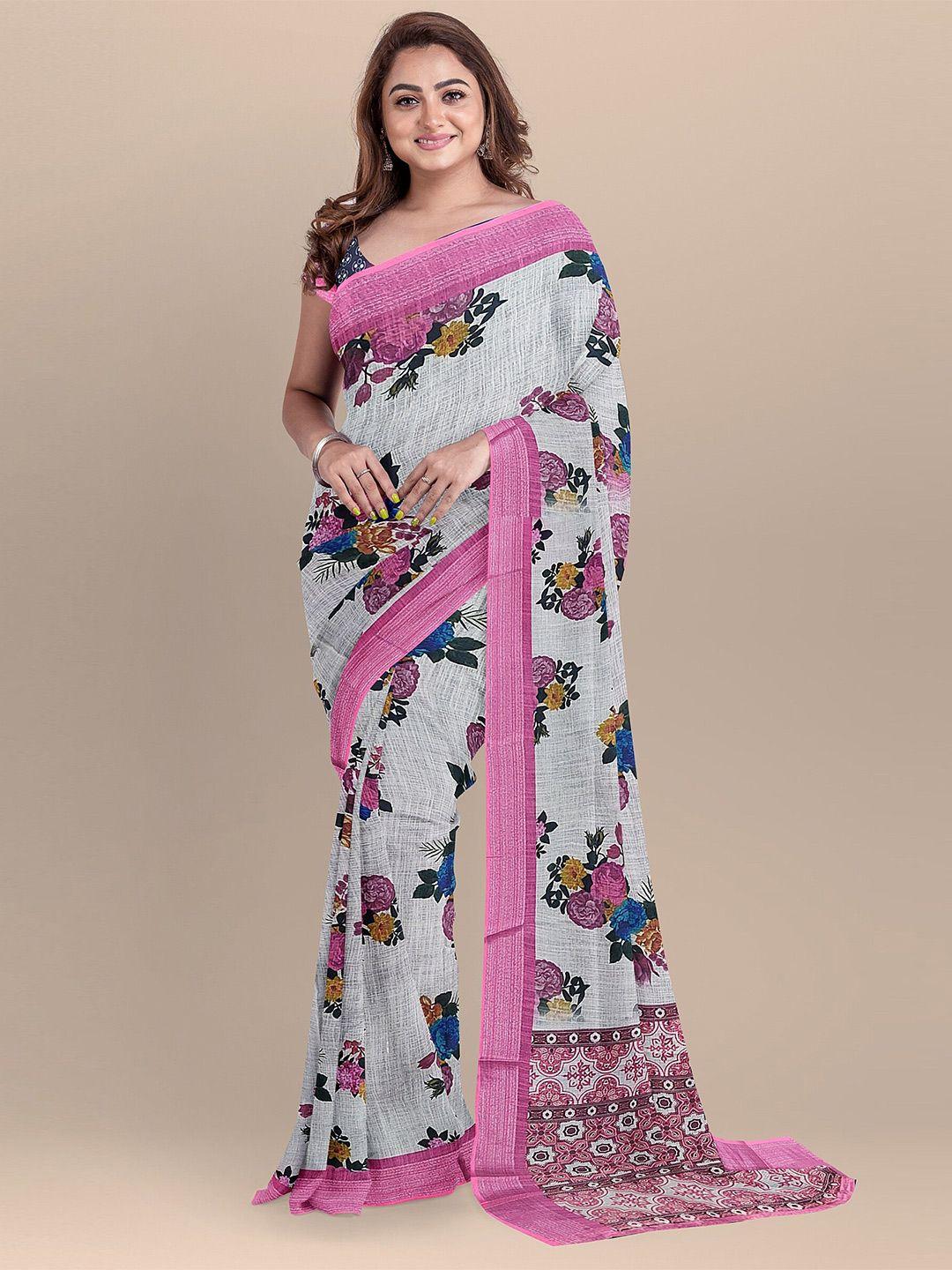 the chennai silks women cream-coloured & pink floral zari linen blend saree