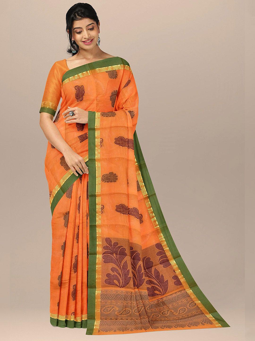 the chennai silks women orange & maroon paisley pure cotton fusion kovai saree