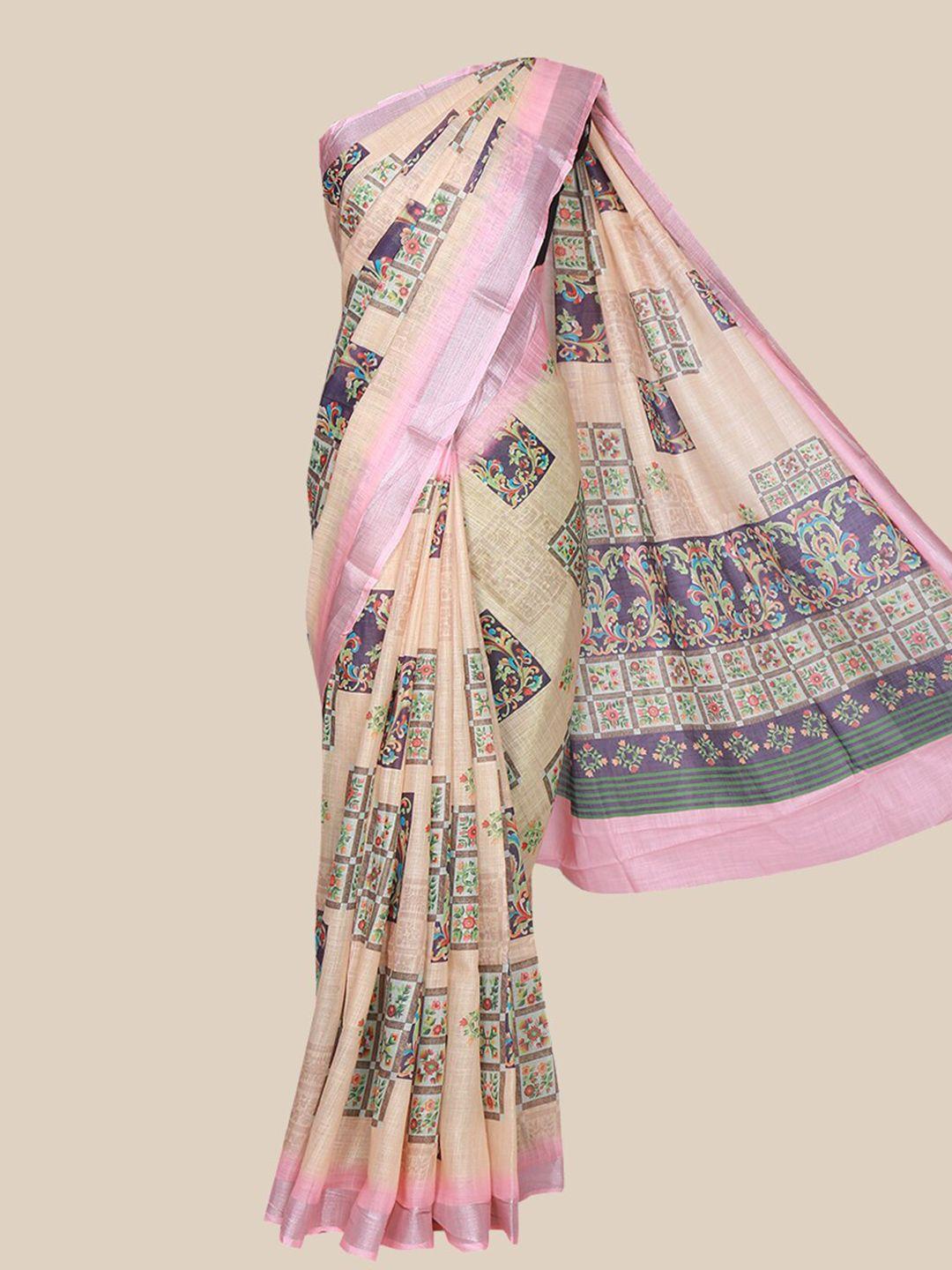 the chennai silks yellow & blue ethnic motifs printed linen blend saree