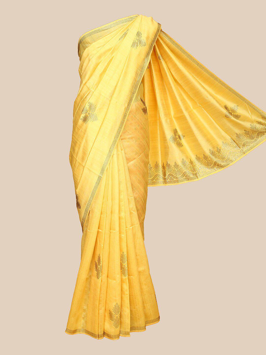 the chennai silks yellow & gold-toned embellished fusion banarasi saree