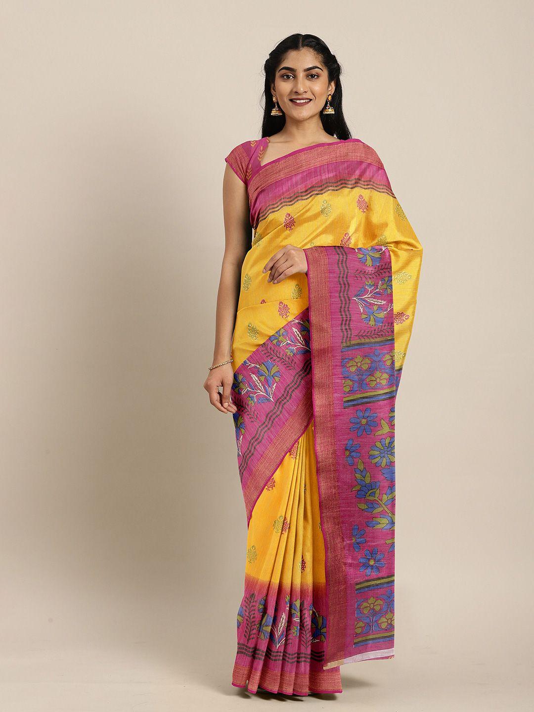 the chennai silks yellow & pink floral zari bhagalpuri saree