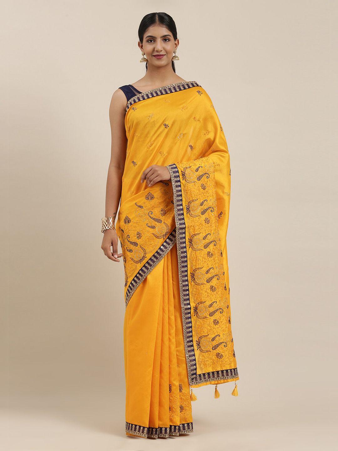 the chennai silks yellow viscose rayon embroidered banarasi saree