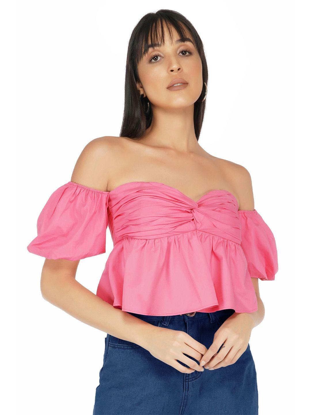 the clothing factory women pink solid off-shoulder cotton bardot crop top