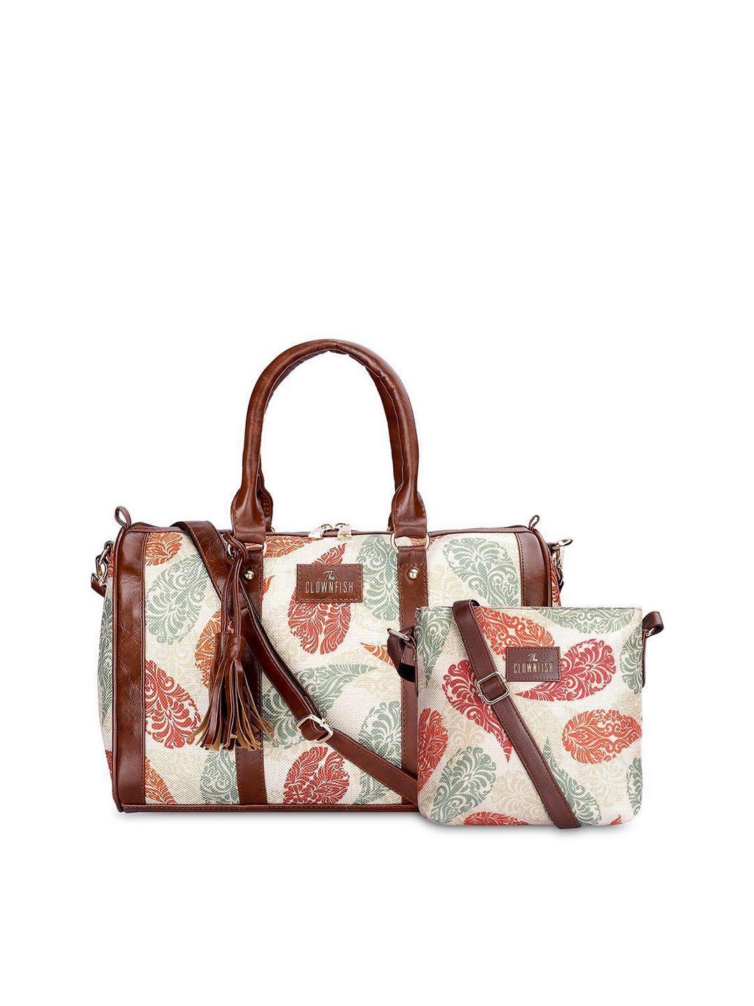 the clownfish ethnic motifs printed leather handheld bag with sling bag
