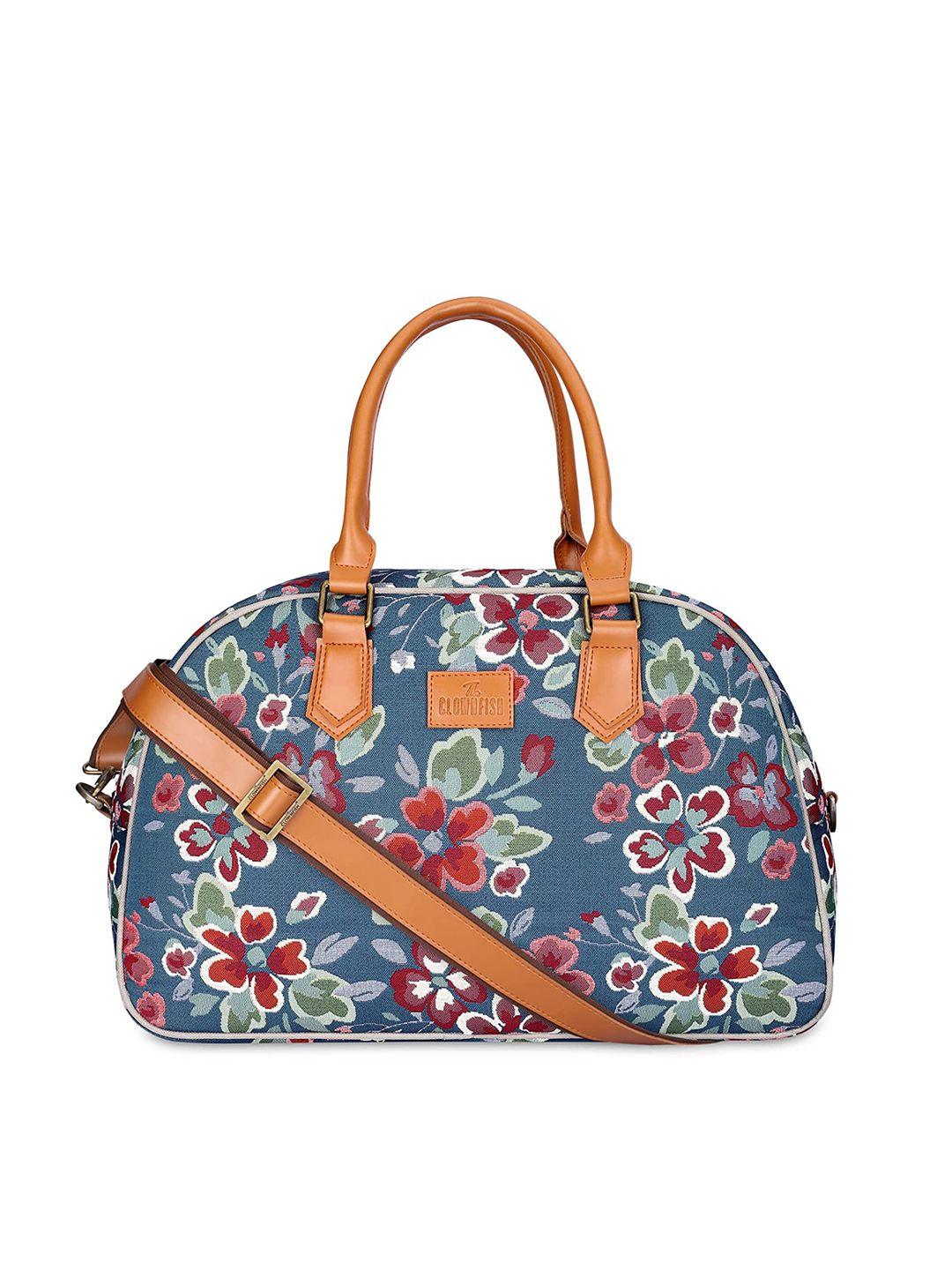 the clownfish floral printed tapestry & faux leather duffel bag