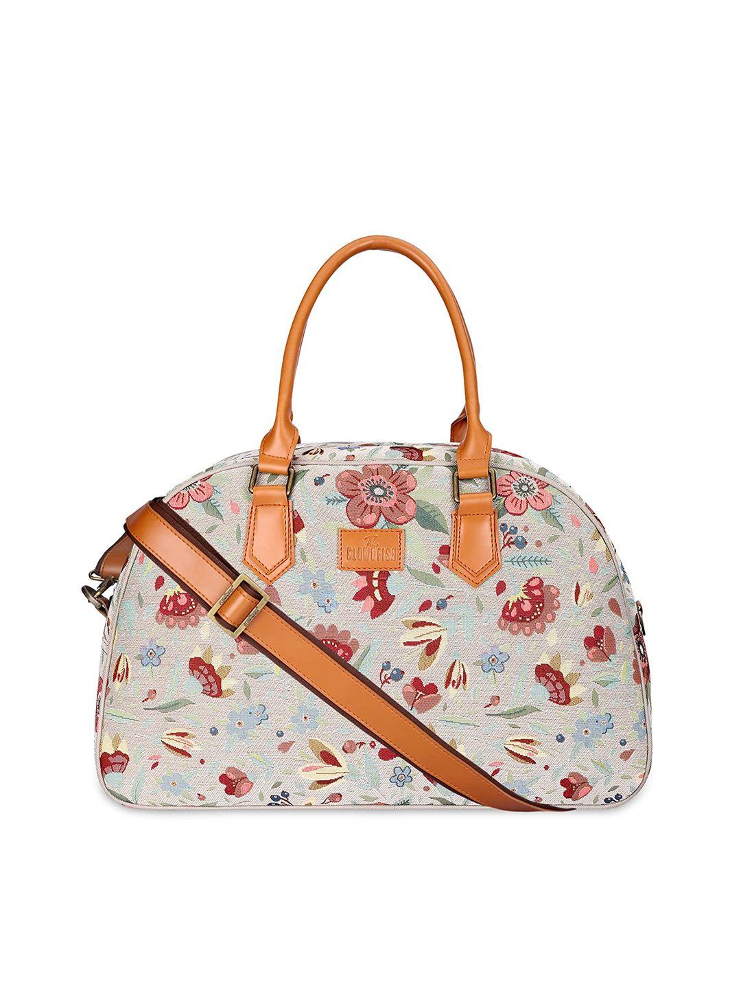 the clownfish floral printed tapestry & faux leather duffel bag