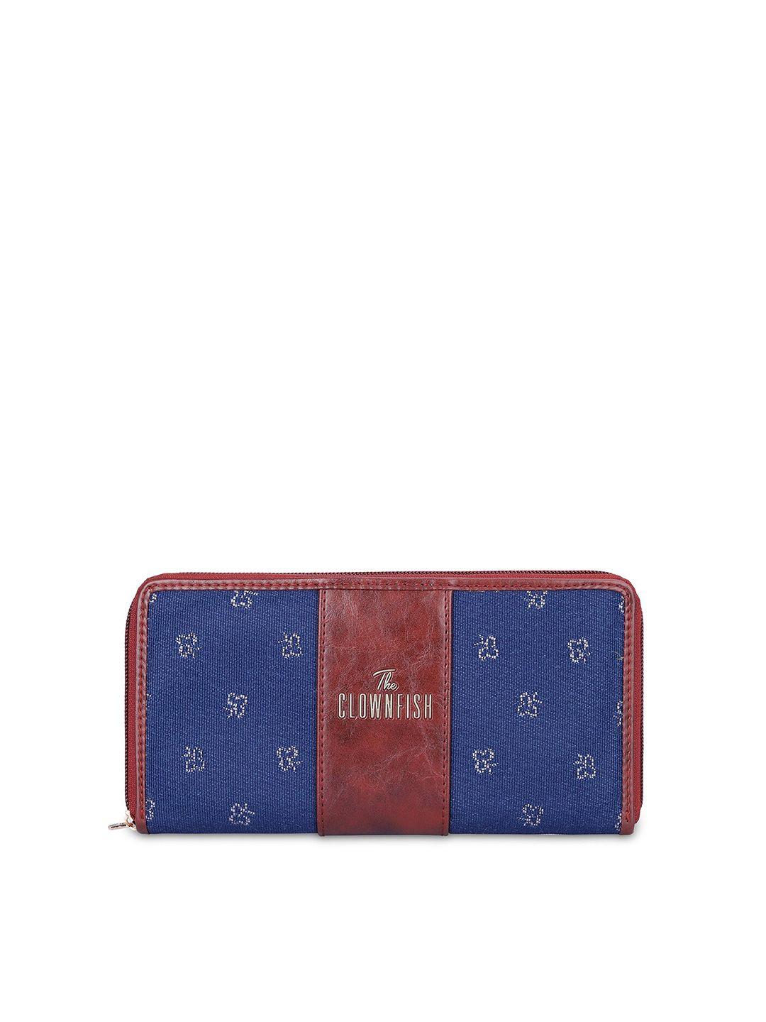 the clownfish women blue & brown floral zip around wallet